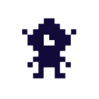Pixel art character in dark navy with a white square eye and raised arms.