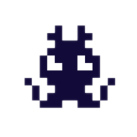 Pixelated black alien invader icon with white eyes and antennae on black background.