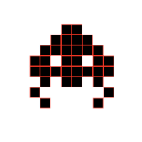 Pixel art style alien invader character from a classic video game with red grid lines on black background.