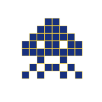 Pixel art style alien or space invader character composed of blue and white squares with a golden outline on a black background.