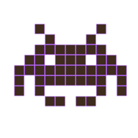 Pixel art of a classic Space Invader alien in dark purple with white eyes and a light purple outline.
