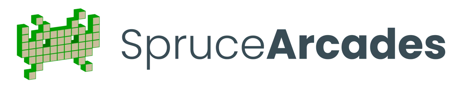 Green pixelated arcade character logo next to the text SpruceArcades.