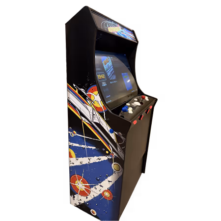 Classic arcade game machine with retro space-themed side art and joystick and button controls.