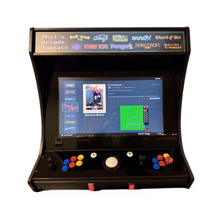 Black arcade machine displaying a game menu screen with retro game titles listed on top panel.