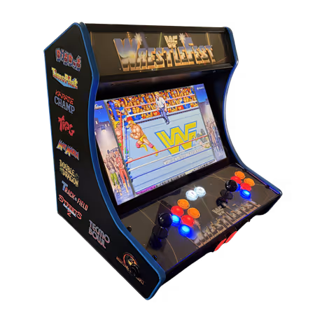 WWF WrestleFest arcade game machine with two joysticks and colorful buttons showing in-game wrestling action on screen.