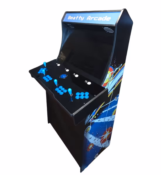 Black arcade game machine with blue buttons and joysticks, labeled 'Beatty Arcade' on top, featuring colorful space-themed side artwork.