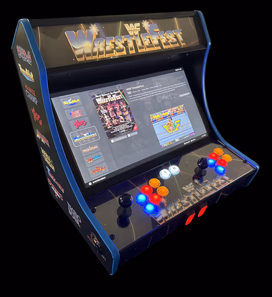 WWF WrestleFest arcade cabinet with colorful joystick and buttons, displaying game selection on screen.